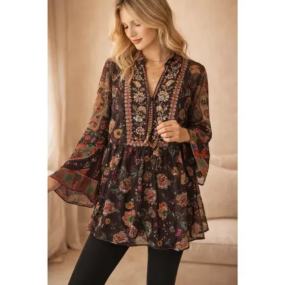 Soft Surroundings Embroidered Beaded Icon Asteria Tunic Sheer Boho Chic Flow SP - Picture 1 of 14